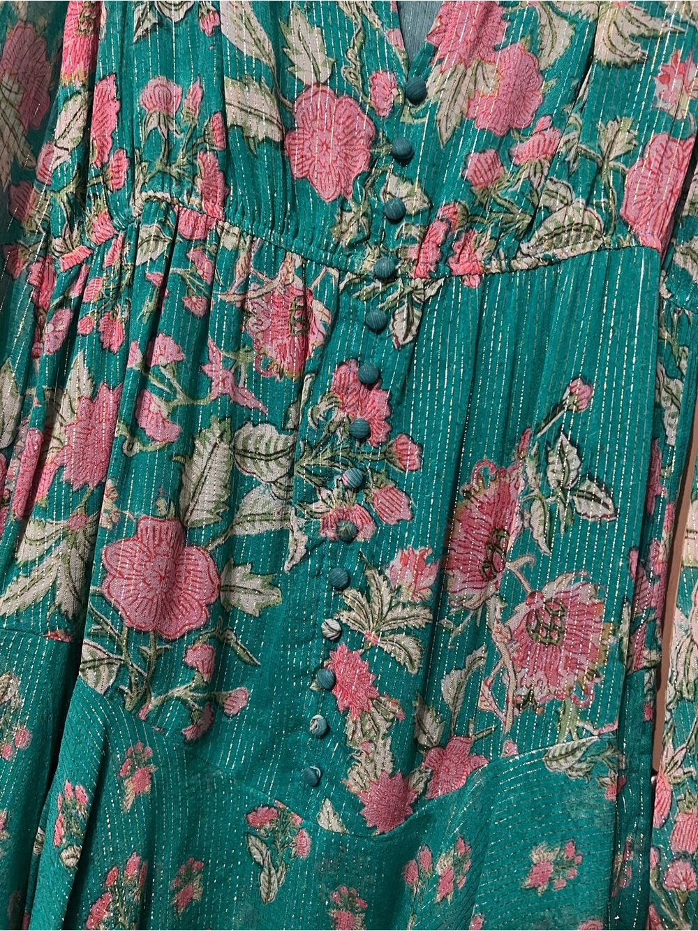 HEMANT & NANDITA Teal Floral V-Neck Long Sleeve Dress with Pink Accents - Picture 4 of 5